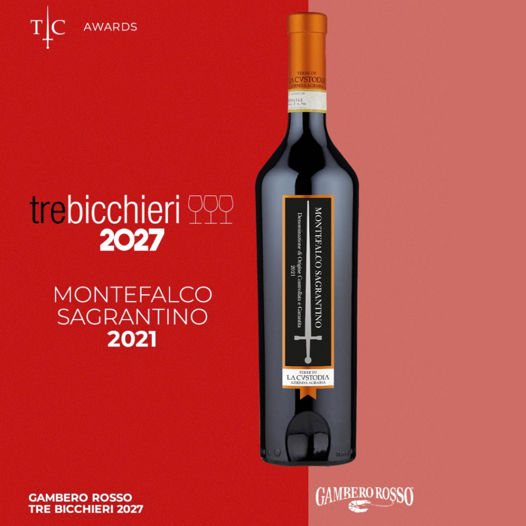 Montefalco Sagrantino 2021 Terre de La Custodia premiato con i Tre Bicchieri 2027 del Gambero Rosso.